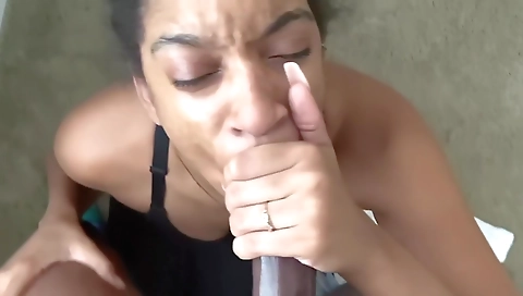 Hot black pornstar deepthroating and cumming on camera