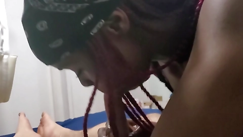 Ebony girl gets her pussy deepthroated by her boyfriend