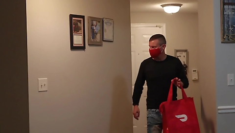 Ebony lady gets cunnilingus in the door delivery scene