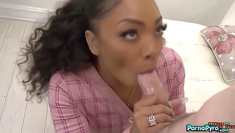 Ebony beauty in a white suit gets fucked in a big white cock