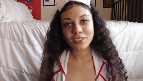 Horny brunette nurse with a nice ass is taking a hot blowjob