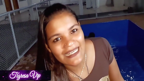 Ebony beauty gets fucked in the pool and gets fucked anal