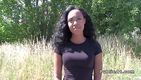 Busty brunette gets a huge dick in her public area