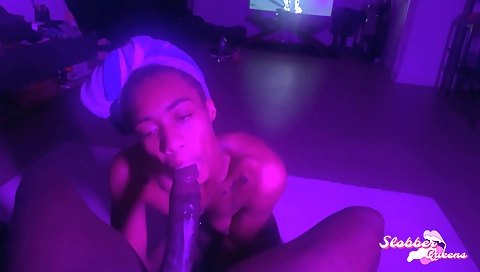 Ebony teen with a tattoo rides big cock on the sofa