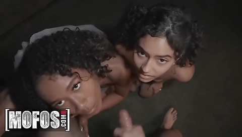 Ebony brunette with a tattooed ass fucked hard in threesome