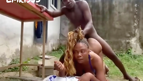 Ebony bimbo enjoys big cock in all fours and outdoor