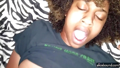 Ebony teen 18+ shows her hairy pussy while showing her dildo