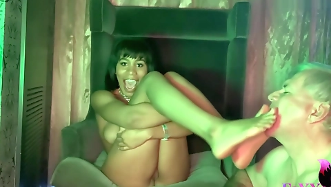 Ebony girl does a blowjob and foot fetish with black boy