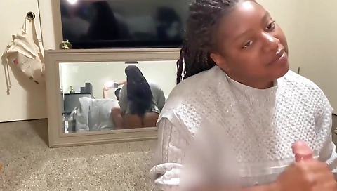 Hot brunette milf sucking a white dick in her g-string