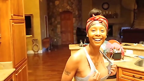 Amateur ebony brunette in stockings solo in white lingerie