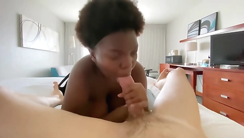 Ebony brunette enjoys her hairy body in a deepthroat porn scene