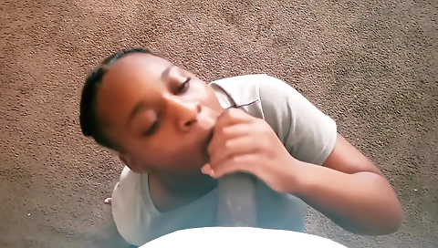 Busty ebony brunette sucking his dick in deep throat pov video